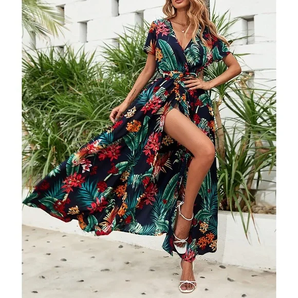 18 month old holiday dresses Short Sleeve V Neck High Waist Lace Maxi Dress main image 1